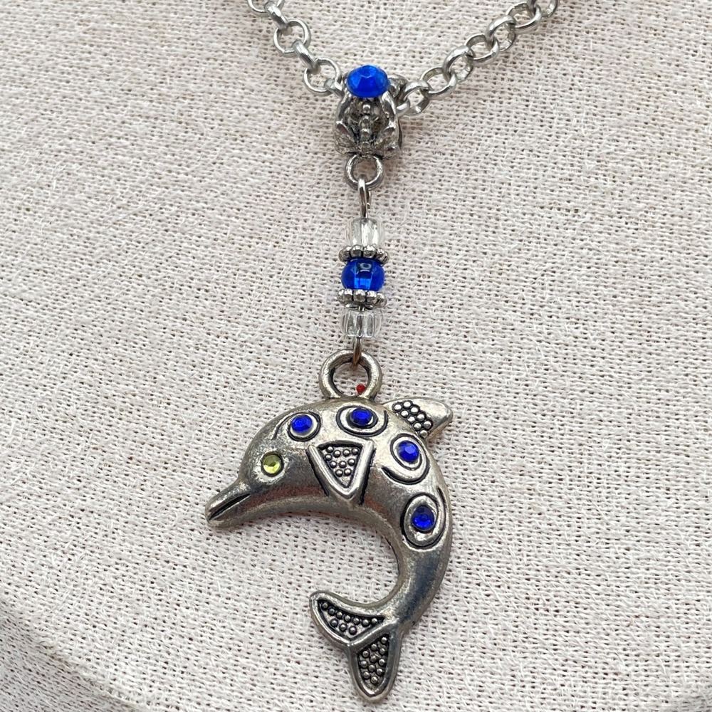 Vintage Silver-Tone Rolo Chain Blue Glass Beads Dolphin Pendant Lobster Necklace